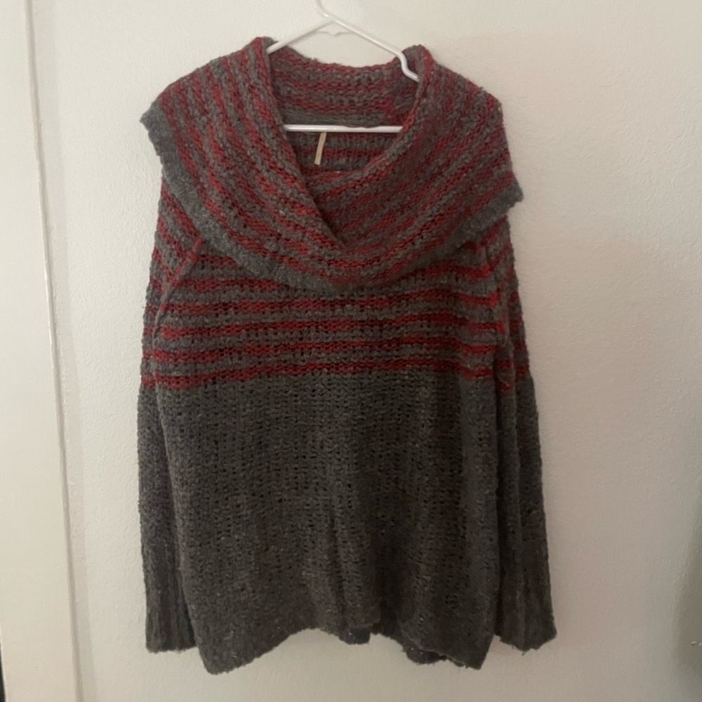 Free People Gray and Red Striped oversized Cowl Neck Sweater